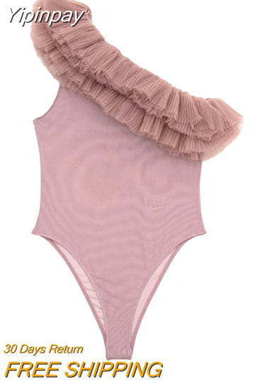 Yipinpay 2023 Pink Mesh Bodysuit Women Ruffle Body Woman Lingerie Sexy Tulle Bodysuit Off The Shoulder Asymmetrical Top Female